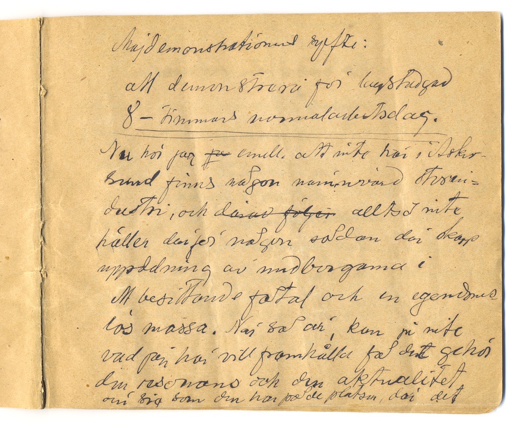 Tal i Askersund från den 8 maj 1910. – Sida 3 - Klicka för bild i full storlek.
En inskannad sida från ett gulnat häfte med text i svart bläck.
